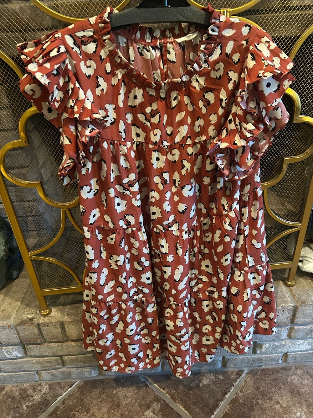 JODIFL Rust Orange Floral Tiered Ruffle Sleeve Dress